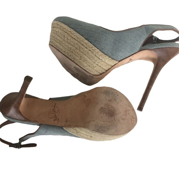 Sam Edelman Denim Chambray Canvas Novato Platform Peep Toe Stiletto Heels, Sz 8 - Picture 3 of 6